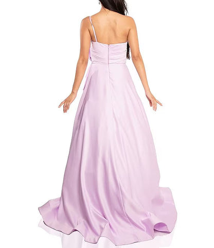 matte satin one shoulder sleeveless bow prom dress