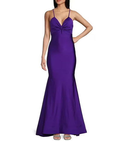 Sparkling twisted front V-neck thin shoulder strap dress prom dress