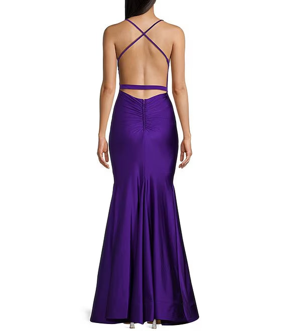 Sparkling twisted front V-neck thin shoulder strap dress prom dress