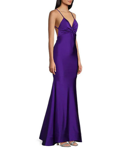 Sparkling twisted front V-neck thin shoulder strap dress prom dress
