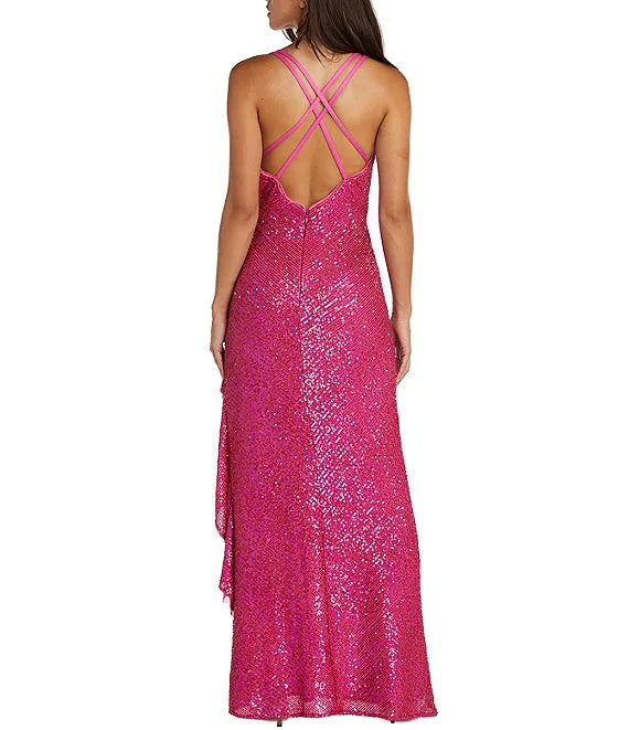 Sleeveless length V-front ruffled edge with hanging high and low skirt prom dress
