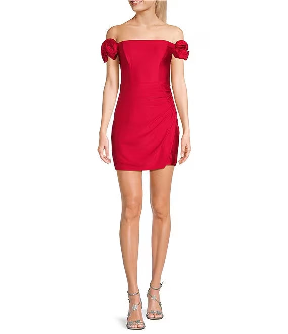 Off shoulder ruffled shoulder straps with artificial wrap and tight prom dress