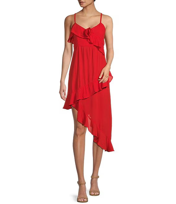 Sleeveless rose trim tight fitting corset with asymmetrical hem prom dress