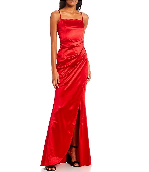 Thin shoulder strap square collar imitation wrapped body slit hem satin surface long prom dress