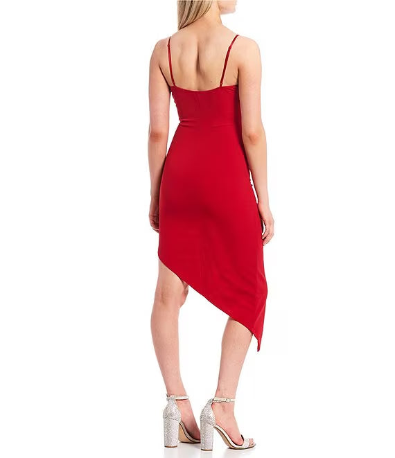 Sleeveless thin shoulder strap V-neck asymmetrical hem tight prom dress