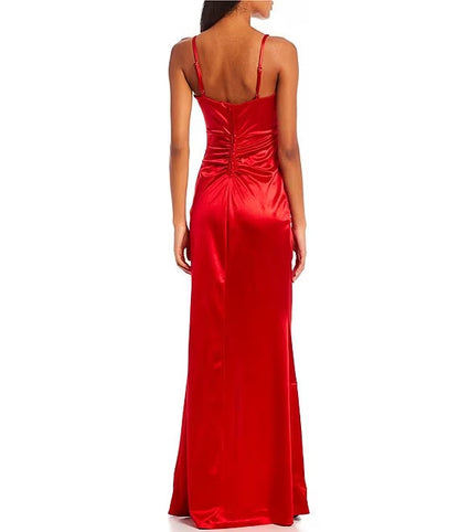 Thin shoulder strap square collar imitation wrapped body slit hem satin surface long prom dress