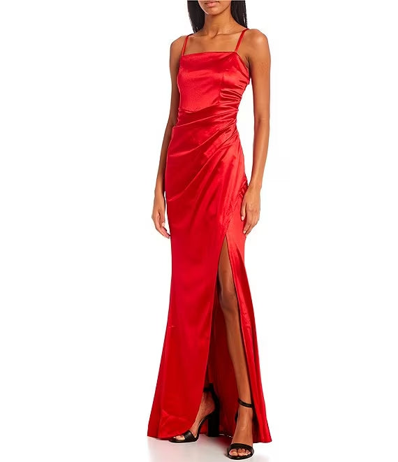 Thin shoulder strap square collar imitation wrapped body slit hem satin surface long prom dress