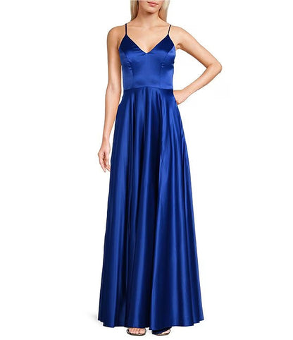 Front slit satin V-neck prom dress