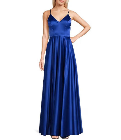 V-neck thin shoulder strap princess sewn side slit with ruffle edge satin prom dress