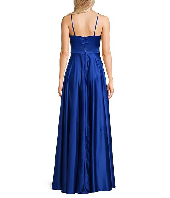 Front slit satin V-neck prom dress