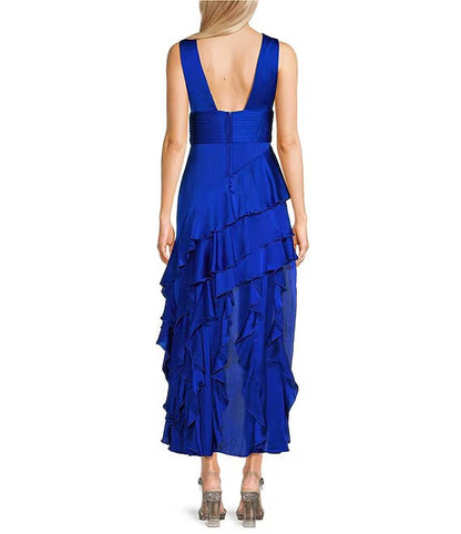 V-neck asymmetrical ruffled edge for evening dressing