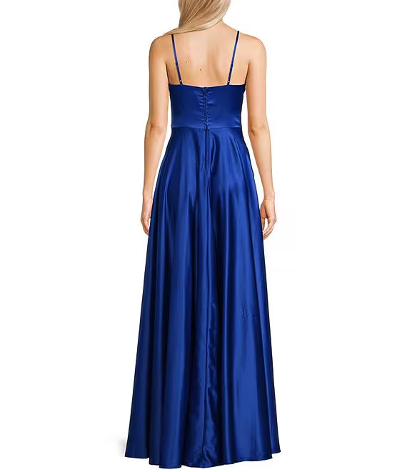 V-neck thin shoulder strap princess sewn side slit with ruffle edge satin prom dress