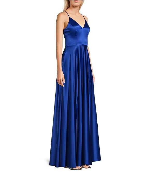 Front slit satin V-neck prom dress