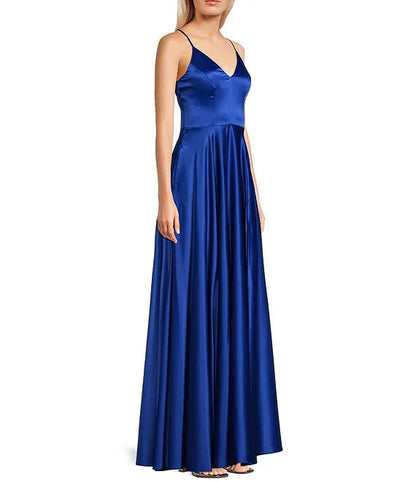 V-neck thin shoulder strap princess sewn side slit with ruffle edge satin prom dress