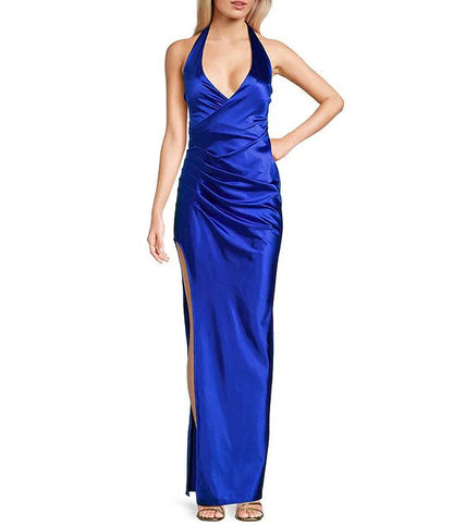 Hanging neck, remaining strap details, side pleats, length prom dress