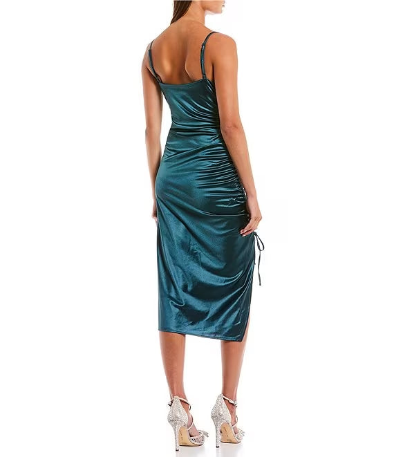 Satin high neckline with drawstring side slits and medium length prom dress