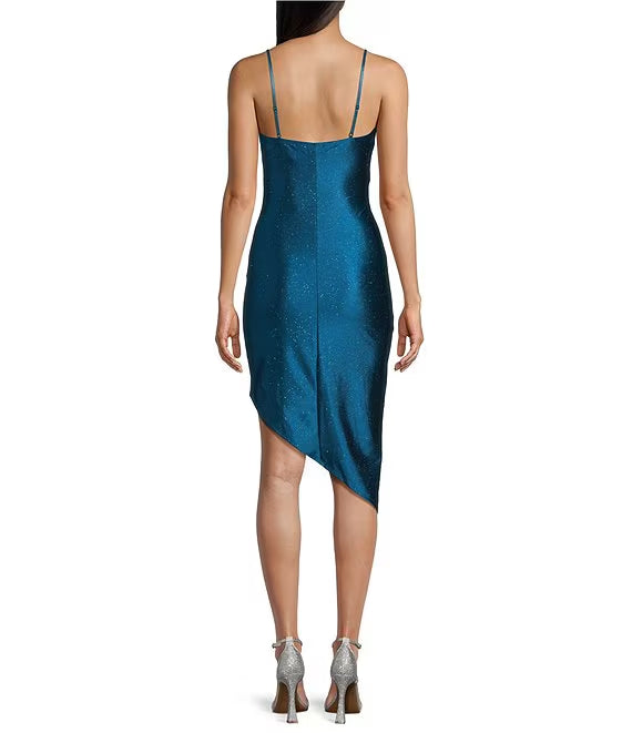 Asymmetric hem with thin shoulder straps synthetic wrap sparkling satin prom dress