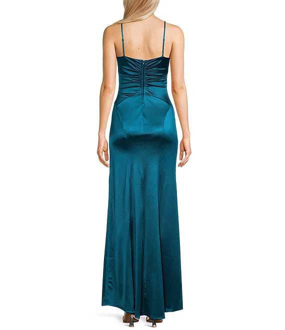 Thin shoulder strap notch neck side slit tightened back satin surface long prom dress
