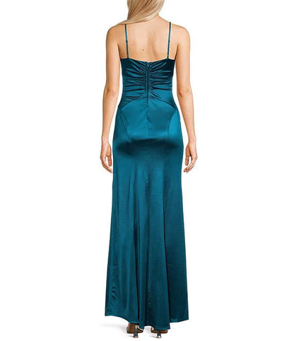 Thin shoulder strap notch neck side slit tightened back satin surface long prom dress