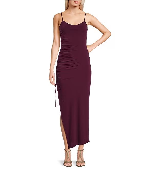 Side straps with slit hem medium length prom dress