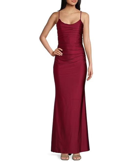 Thin shoulder strap with low round neck and long satin back strap prom dress
