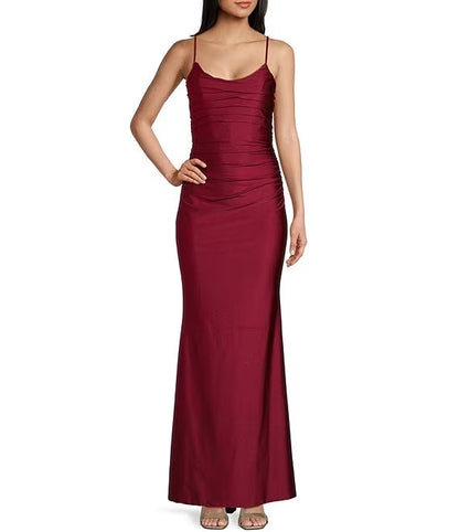 Thin shoulder strap with low round neck and long satin back strap prom dress