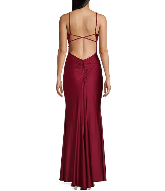 Thin shoulder strap with low round neck and long satin back strap prom dress