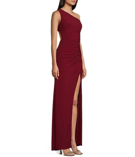 Off shoulder open back slit hem length prom dress