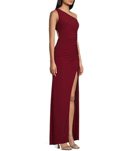 Off shoulder open back slit hem length prom dress