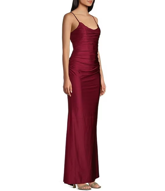 Thin shoulder strap with low round neck and long satin back strap prom dress