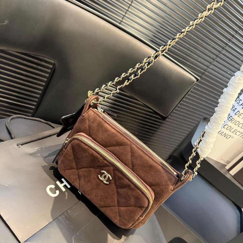 Chanel Clutch With Strap Velvet Effect Nylon Glossy Wrinkled And Gold Metallic Brown 20Cm