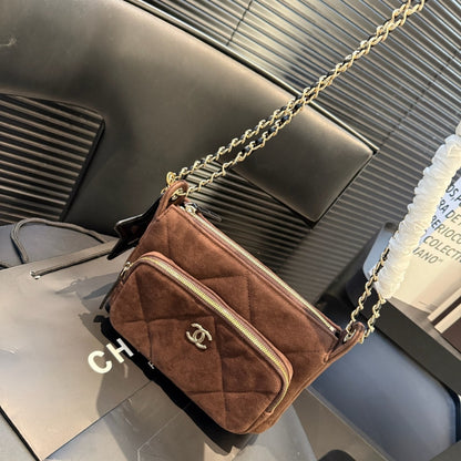 Chanel Clutch With Strap Velvet Effect Nylon Glossy Wrinkled And Gold Metallic Brown 20Cm