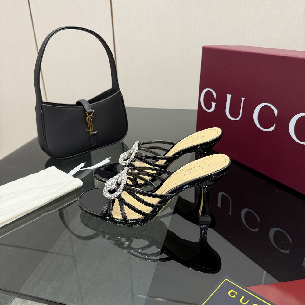Gucci Women Slide Sandal With Crystal Interlocking G Black