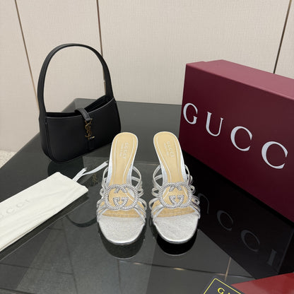 Gucci Women Slide Sandal With Crystal Interlocking G Silver