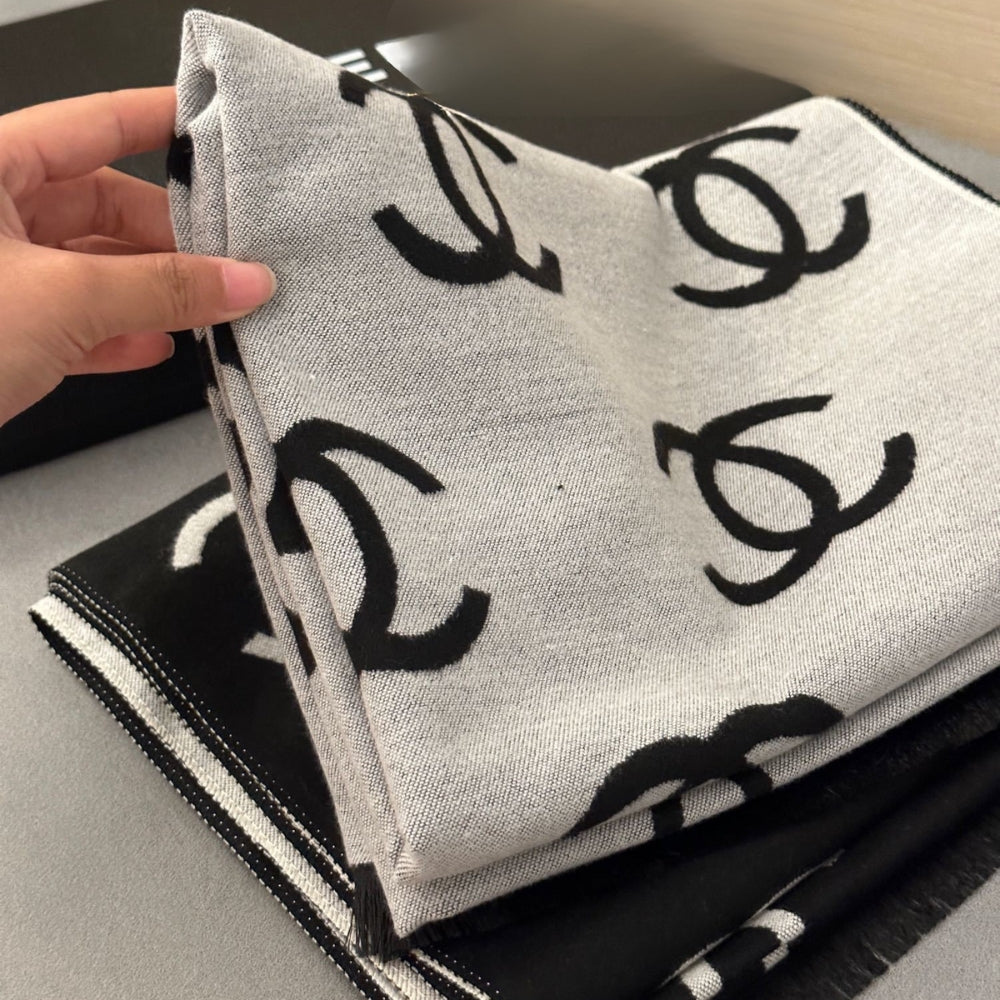 Chanel Wool Cashmere CC Scarf Black White 180Cm
