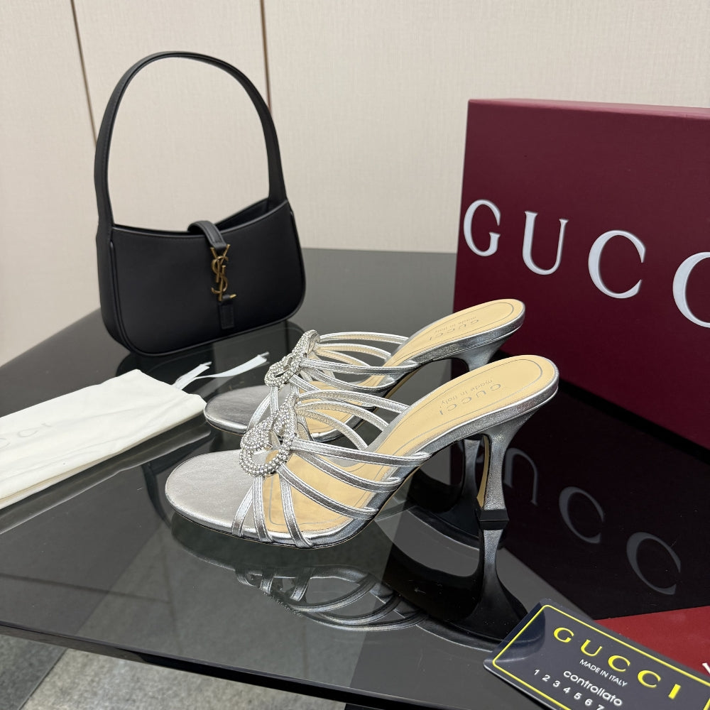 Gucci Women Slide Sandal With Crystal Interlocking G Silver