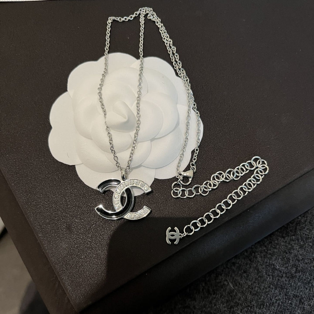 Chanel Cc Logo Pendant Necklace White Stones And Black Enamel Silver