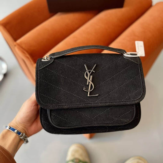 Saint Laurent Niki Medium Quilted Suede Shoulder Bag Black 22Cm