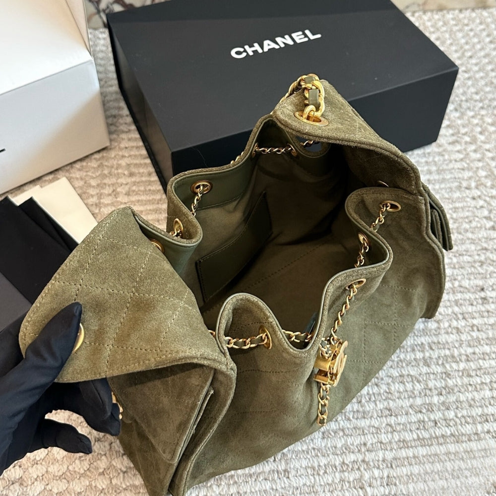 Chanel Small 25 Handbag Gold Tone Metal Khaki 26Cm