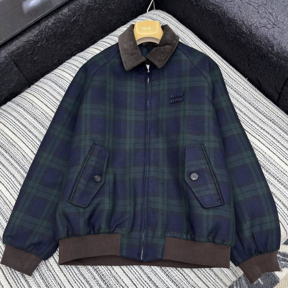 Miumiu Checked Twill Blouson Jacket Blue And Green