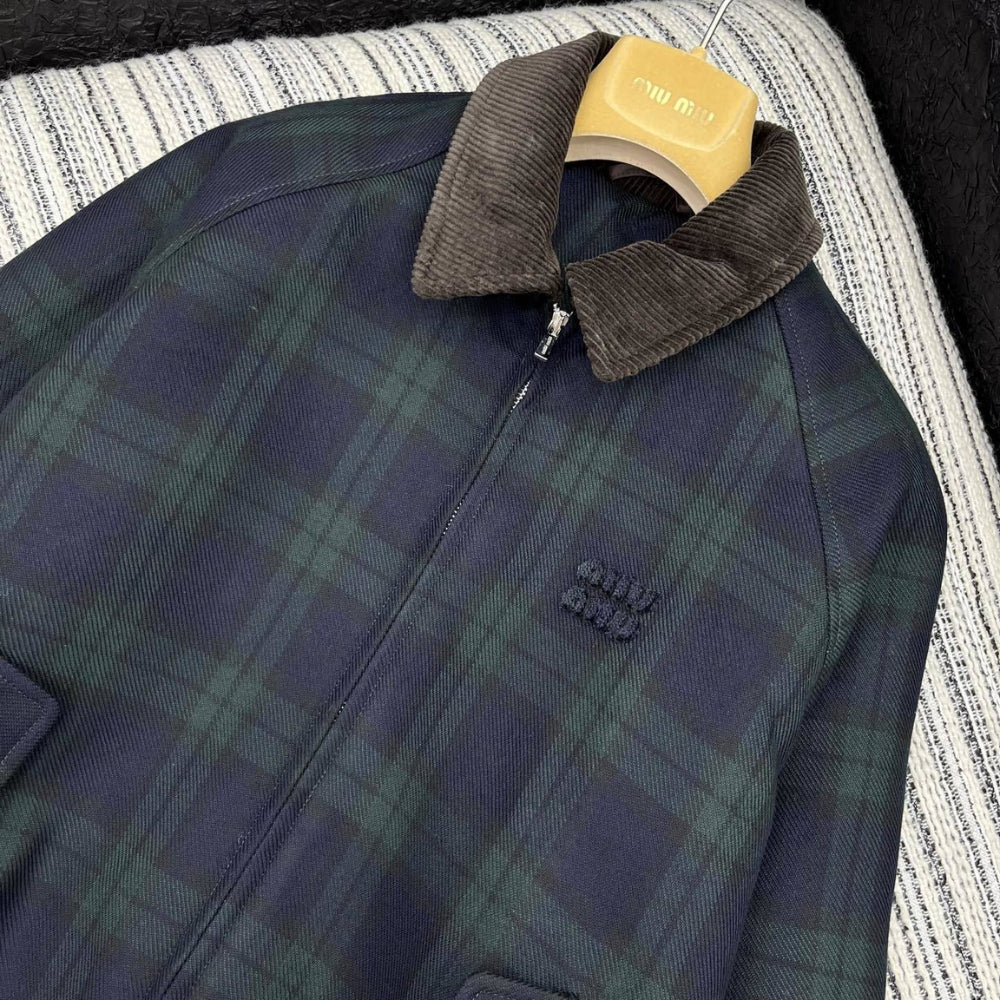 Miumiu Checked Twill Blouson Jacket Blue And Green