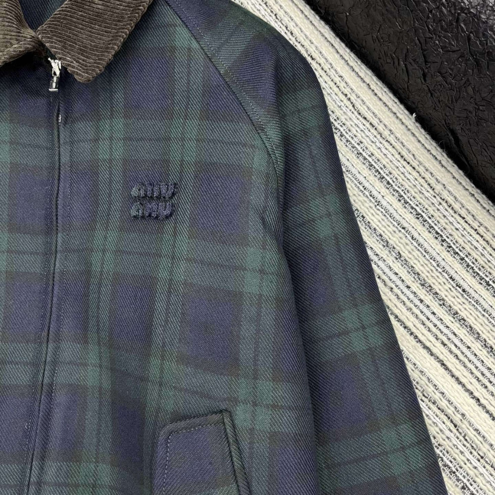 Miumiu Checked Twill Blouson Jacket Blue And Green