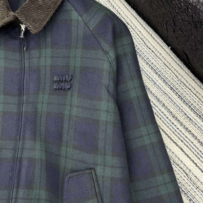 Miumiu Checked Twill Blouson Jacket Blue And Green