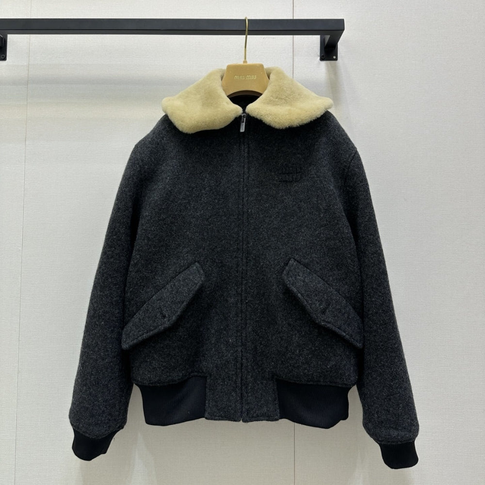 Miumiu Shetland Wool Blouson Jacket Anthracite Gray