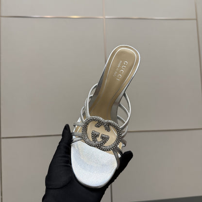 Gucci Women Slide Sandal With Crystal Interlocking G Silver