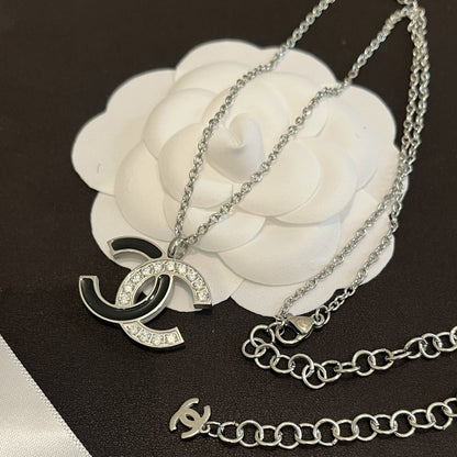 Chanel Cc Logo Pendant Necklace White Stones And Black Enamel Silver
