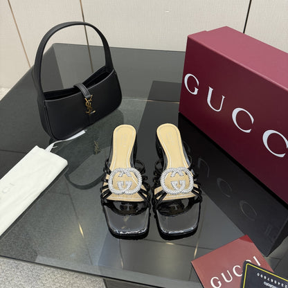 Gucci Women Slide With Crystal Interlocking G Black