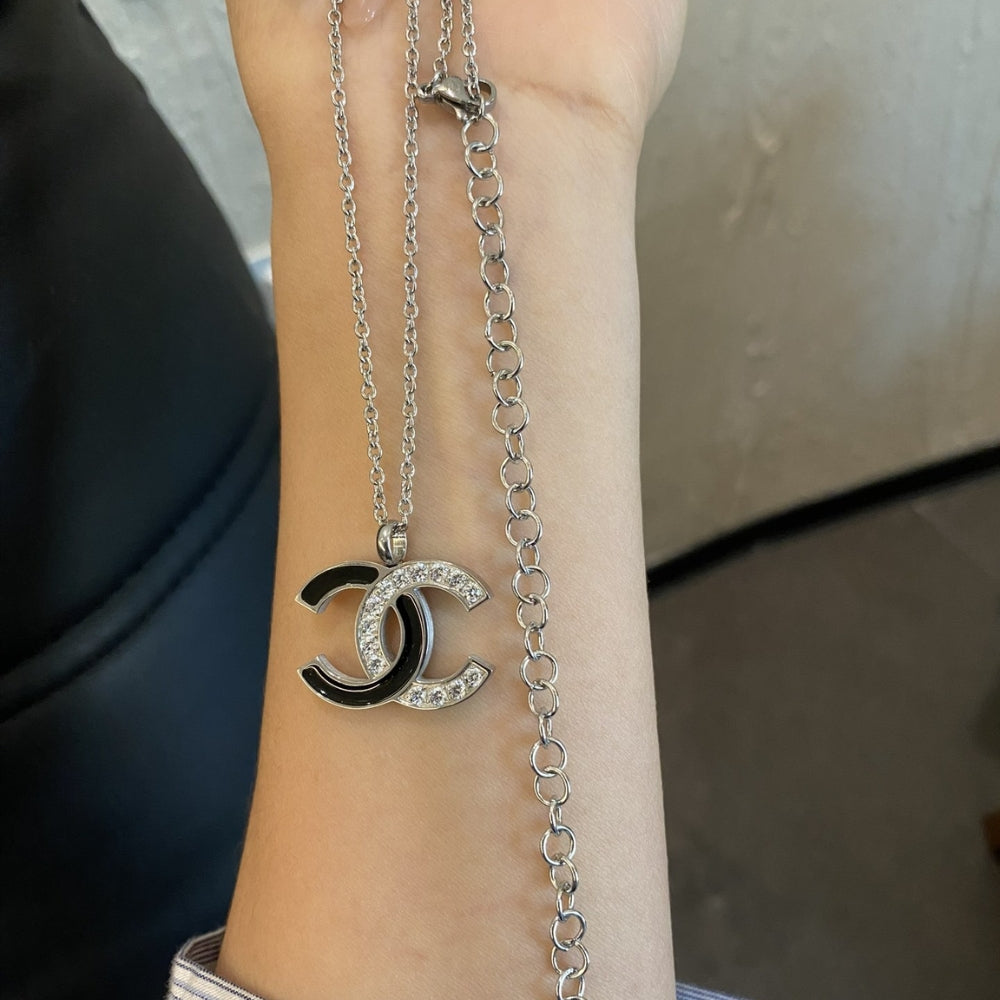 Chanel Cc Logo Pendant Necklace White Stones And Black Enamel Silver