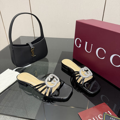 Gucci Women Slide With Crystal Interlocking G Black