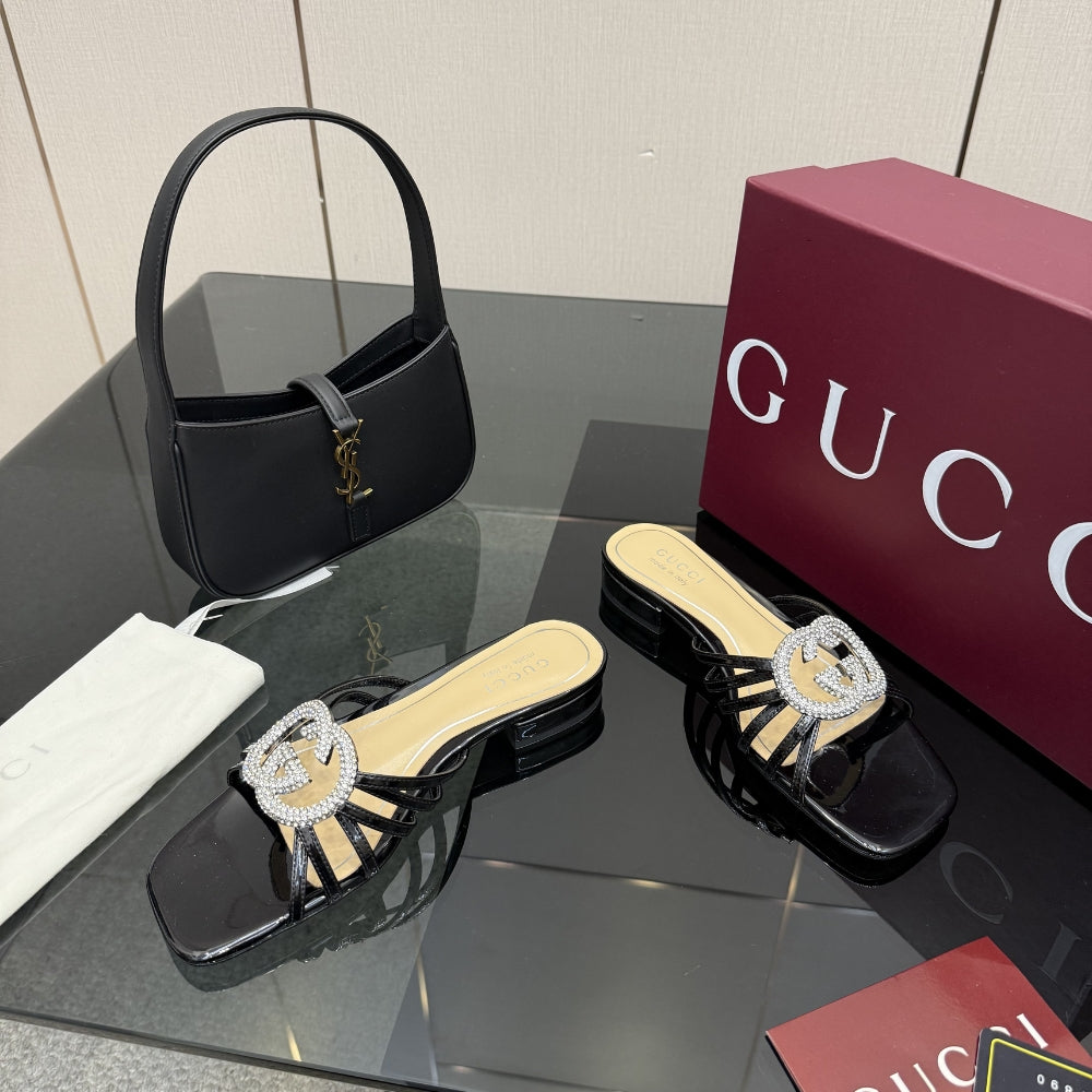 Gucci Women Slide With Crystal Interlocking G Black